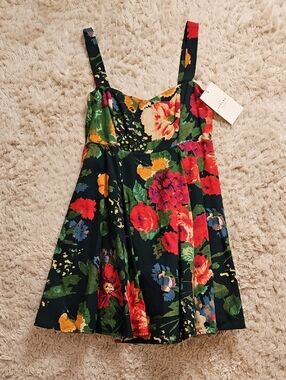 Sezane Black Floral Midi Dress with Red, Green and Yellow Blooms